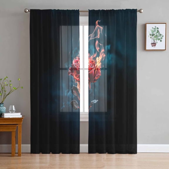 Red Rose Black Sheer Curtains 108 Inch Length 2 Panels Set for Living Room/Bedroom, Burning Flower Floral Burning Roses Semi Curtain Sheers Drapes Rod Pocket Curtains Window Treatment 52''x108''x2