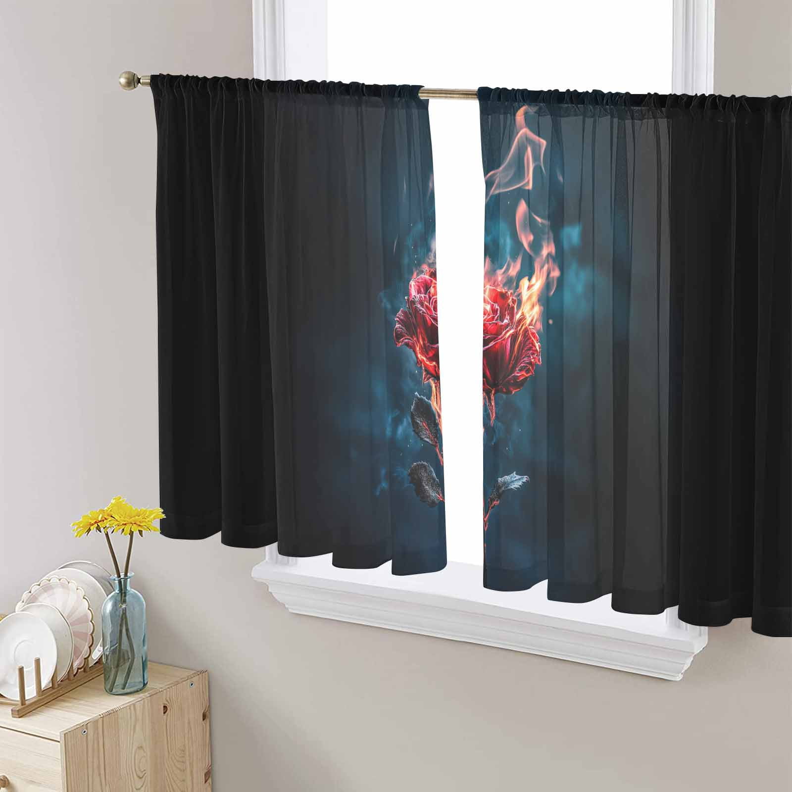 Reg Pock Red Rose Black Sheer Curtains 54 Inch Length 2 Panels Set for Living ...