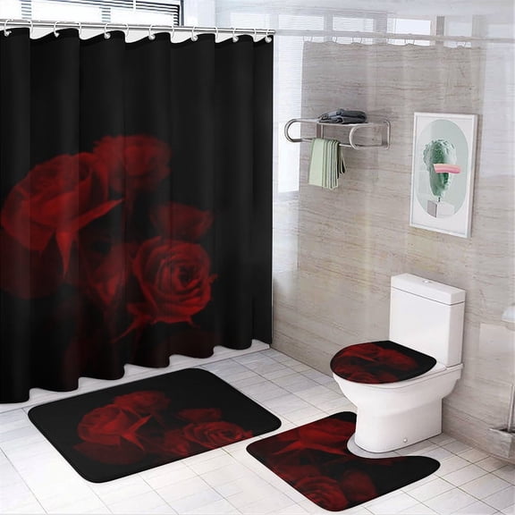 Red Rose Black Shower Curtain Waterproof Bathroom Curtain Anti-slip Bath Mat Set Toilet Rugs Carpet