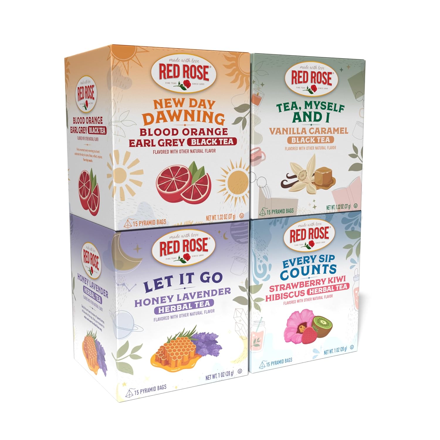 Red Rose Black Tea with 15 Individually Wrapped Pyramid Tea Bags Per