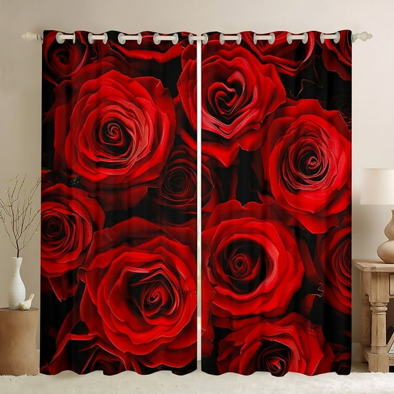 Red Rose 30%-50% Blackout Curtains for Bedroom, Ombre Red Black Floral Curtains Women Teens Adult, Botanical Blossom Window Curtains & Drapes, Valentine's Day Gift Darkening Curtains 42"X84"