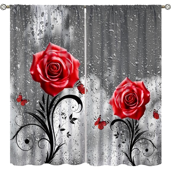 Red Rose Blackout Curtains for Girls,Gray Raindrops Day Misty Glass Landscape Art Rose Flower Plant Flower Butterfly Window Drapes Print for Kids Girls Women Bedroom Living Room Bathroom 42x54in