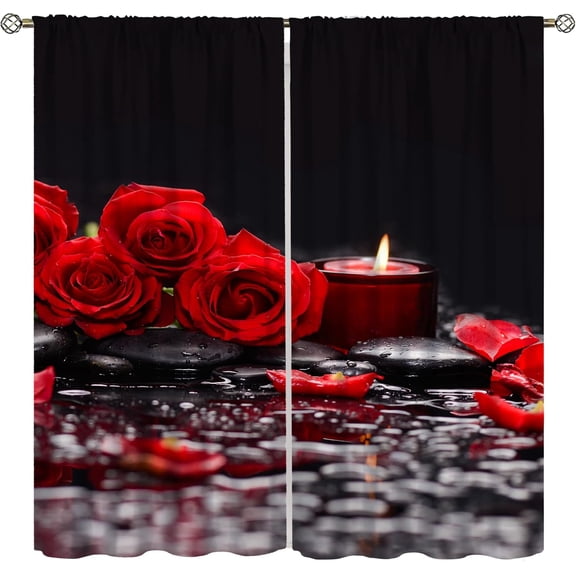 Red Rose Blackout Curtains for Girls,Raindrops Stone Candle Aesthetic Red Art Flower Rose Water Flower Window Drapes Print for Kids Women Bedroom Living Room Bathroom 42x54in