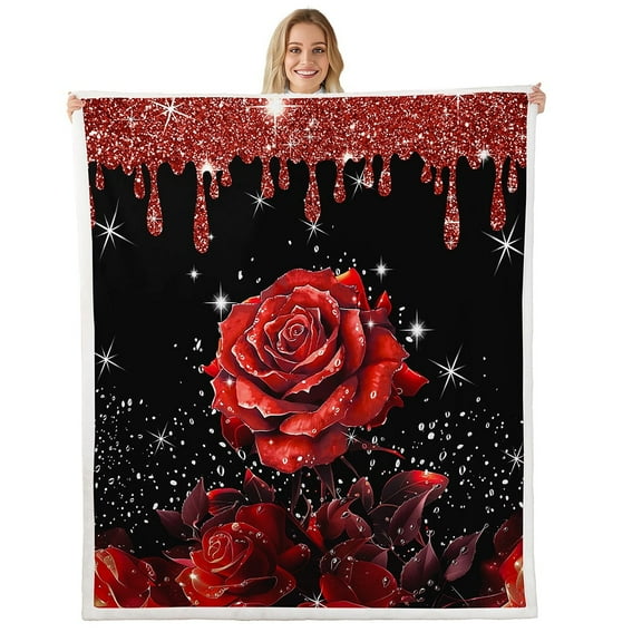 Red Rose Blanket Glitter Galaxy Throw Blanket 50"x60",Sequins Fluid Art Fleece Blanket Abstract Ombre Print Bed Blanket,Romantic Garden Flowers Boho Floral Bohemian Decor