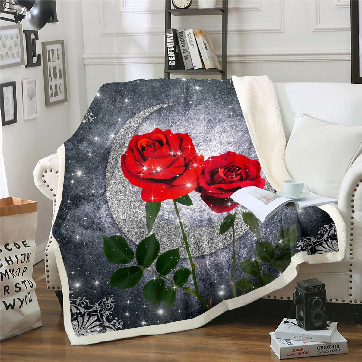 Red Rose Blanket Silver Moon 40"x50" Throw Blanket for Girls Boys Kids
