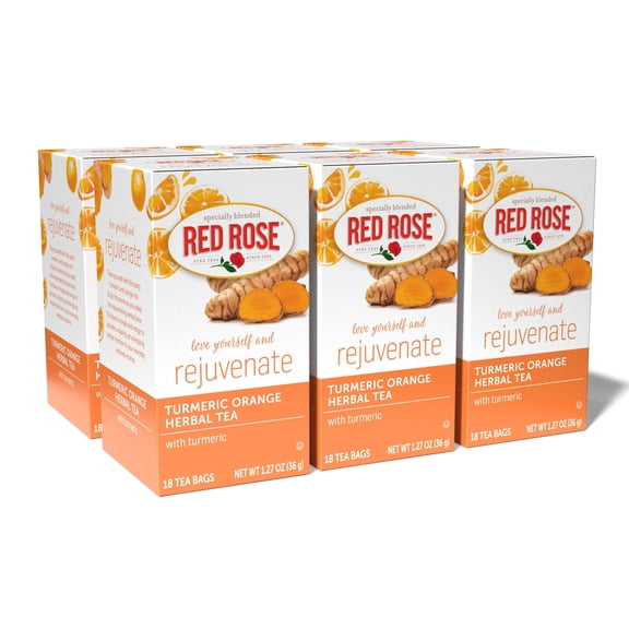 Red Rose Blossoms Turmeric Orange Blossom Herbal Tea with 18 Individually Wrapped Tea Bags Per Box (Pack of 6) Caffeine Free Brew Hot Naturally Flavored Herbal Tea