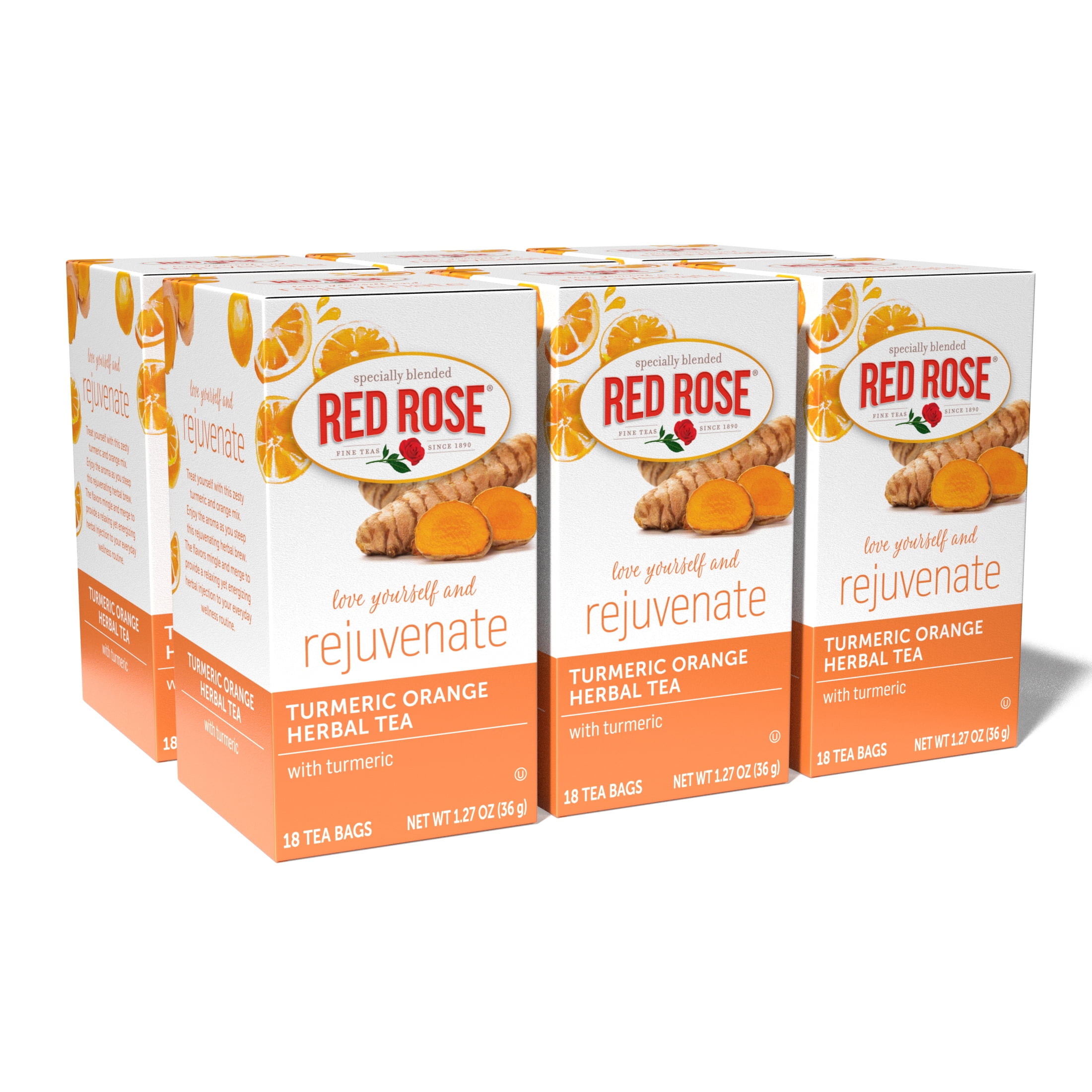 Red Rose Blossoms Turmeric Orange Blossom Herbal Tea with 18 Individually Wrapped Tea Bags Per Box (Pack of 6) Caffeine Free Brew Hot Naturally Flavored Herbal Tea