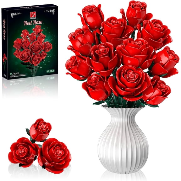 Red Rose Bouquet Building Set, 12 Artificial Roses Flower Building Blocks for Women, Botanical Collection Home Decor Romantic Gift for Mother's Day Valentine for (512 PCS)