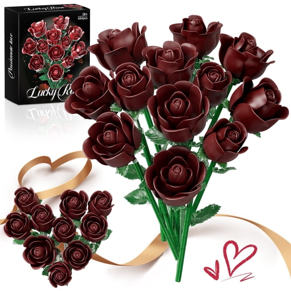 Red Rose Bouquet Building Set for Adults Women - 12 Pack Botanical Collection Gift for Valentine's Day & Mother's Day Artificial Flowers Botanical Collection Centerpiece Room Decor