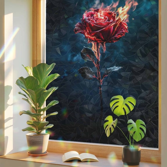 Red Rose Burn Fire on Black Window Privacy Film, Rainbow Film Decorative Window Sticker 17.7x39.3in, Vintage Flower Art Sun Blocking Static Stained Glass Cling Tint Non-Adhesive