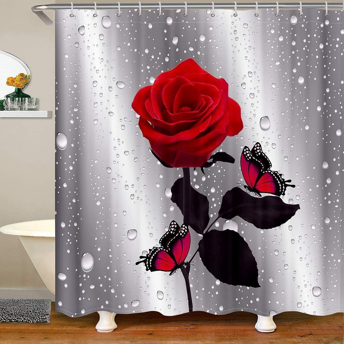 Red Rose Butterflies Polyester Fabric Shower Curtain Sets with Hooks ...