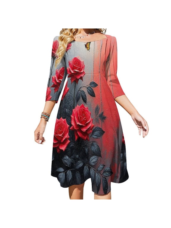 Red Rose Butterfly Womens Summer Dress Tie Back A Line Flare Dress