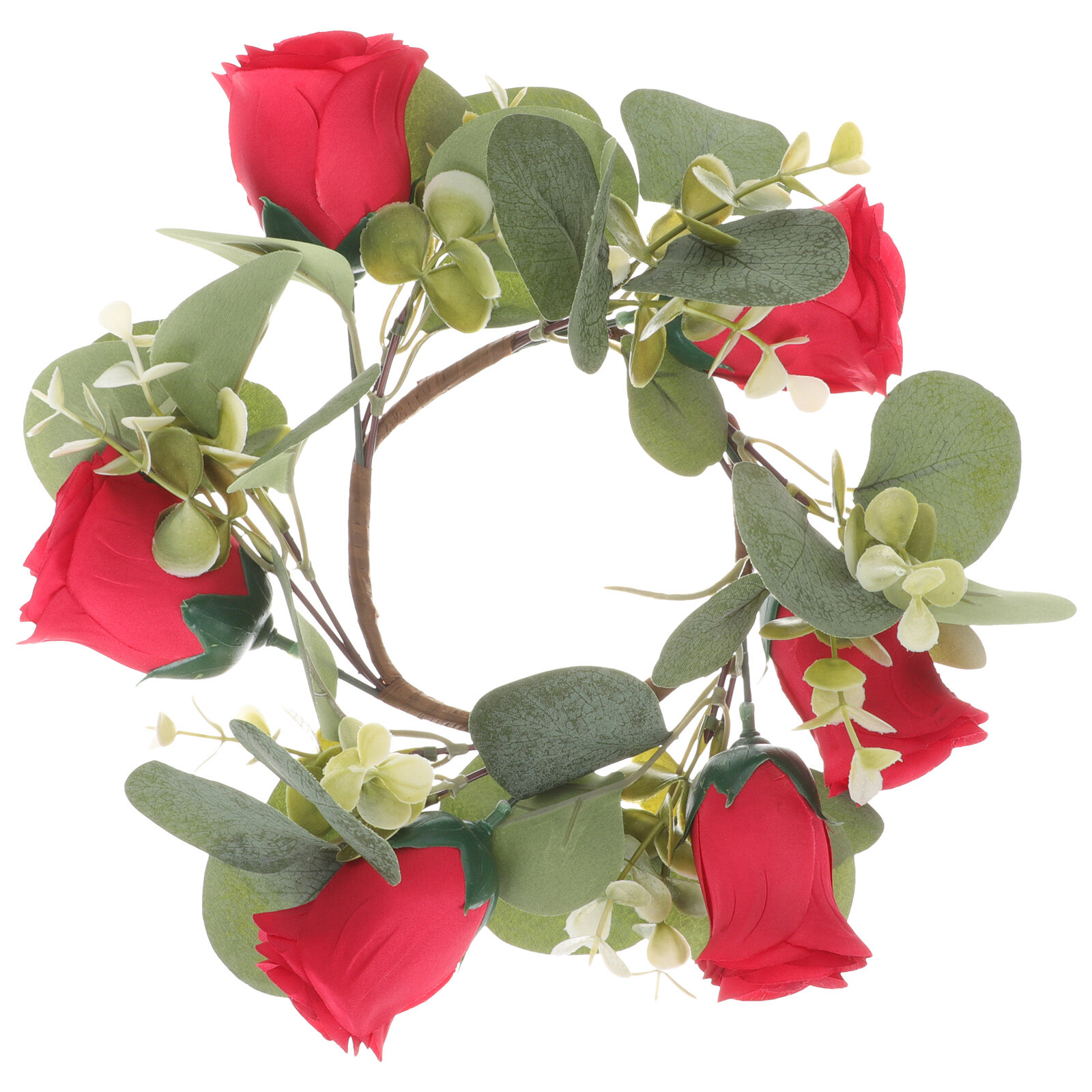 Red Rose Candle Ring Garland Fake Table Wreath Flower Centerpiece Pe