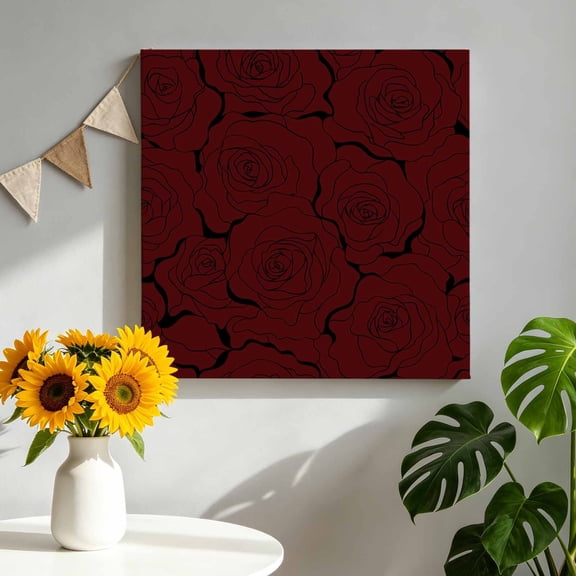Red Rose Canvas Wall Art, Floral Blossom Black Outlines Brick Red Backdrop Framed Canvas Wall Decor Picture Print Artwork Decorations for Living Room Office Ready to Hang 8" x 8"