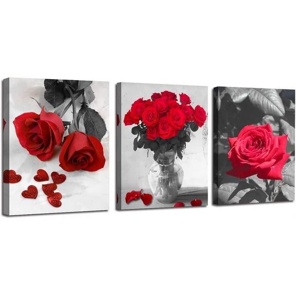 Red Rose Canvas Wall Art Flowers Pictures Bathroom Decor, Black White Florals Painting Modern Romantic Framed for Bedroom Living Room Dinning Room Kitchen Spa Wall Decor,12"x16"x3 Panels