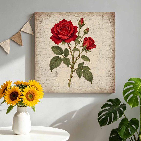 Red Rose Canvas Wall Art, Vintage Red Flower Buds Petals Botanical Script Backdrop Framed Canvas Wall Decor Picture Print Artwork Decorations for Living Room Office Ready to Hang 10"x10"