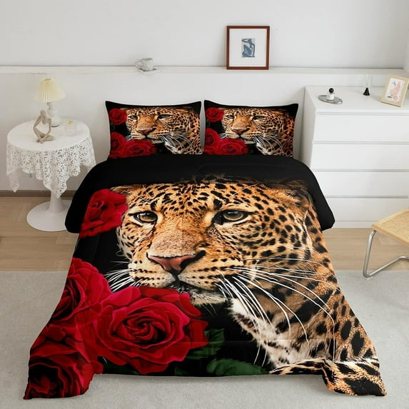Red Rose Cheetah Bedding Set,Cat Leopard Print Comforter Set,Romantic Flowers Down Comforter,Animal Theme Bedroom Decor Youth Men Women Female,Full Size 3 Pcs
