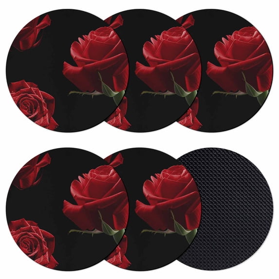 Red Rose Coasters Set of 6, Absorbent Coasters for Drinks, Vintage Abstract Garden Flower Floral Black Coaster for Desk Coffee Table Protection, Home Decor House Warming Gifts 4"