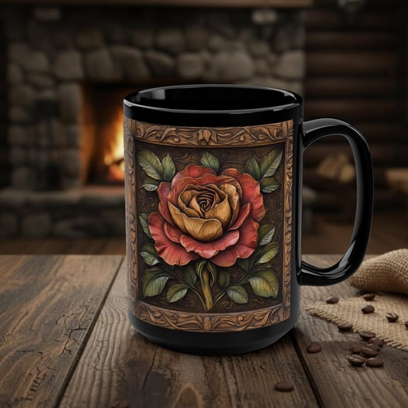 Red Rose Coffee Mug, Faux Wood Style Rose Cup, Floral Art Decor, Botanical Flower Lover Gift, Farmhouse Ceramic Cup, Rose Bloom Tea Mug 15oz