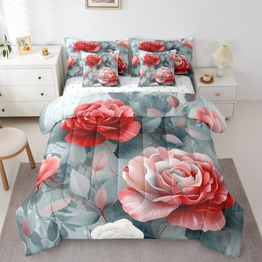 Red Rose Comforter Set 7 Piece Bed in a Bag Twin,Flowers Bedding Sets,Boho Floral Sheet Set with Comforter Plant Leaves Bed Set,Oil Painting Room Decor