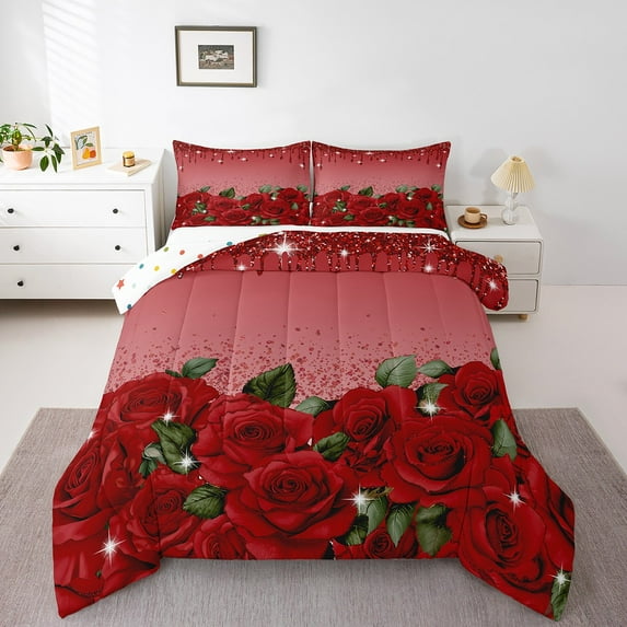 Red Rose Comforter Set Diamond Crystal Fluid Art Bed Set,Abstract Ombre Bedding Set,Romantic Garden Flowers Duvet Set Boho Floral Bohemian Decor