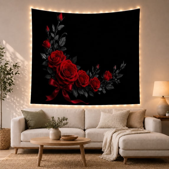 Red Rose Corner Garland on Black Background, Romantic Gothic Style for Flower Lovers, Floral Wall Art, Valentine's Day Gift, Tapestry Wall Hanging for Bedroom and Dorm