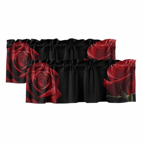 Red Rose Curtain Valances for Windows, Kitchen Valance Window Treatments Panel 2 Pack, Vintage Abstract Garden Flower Floral Black Rod Pocket Short Curtains for Bathroom Bedroom 42 x 18 Inch