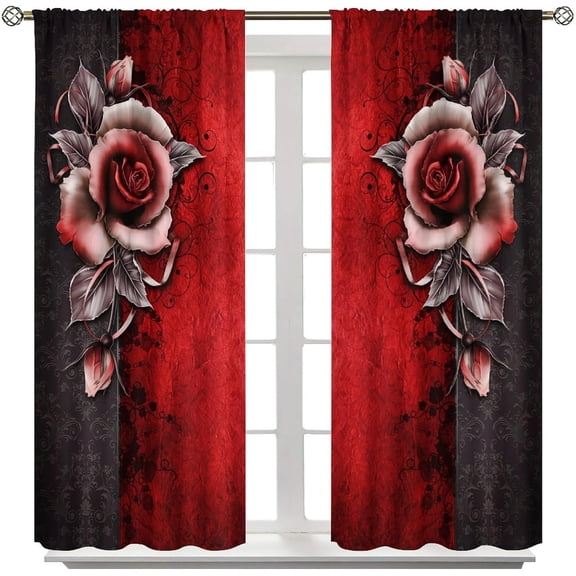Red Rose Curtains, Romantic Rose Print Blackout Curtains Burgundy Red Rustic Retro Flower Window Treatments for Women Girls Home Decor Floral Drapes 2 Panels,55x63 Inch