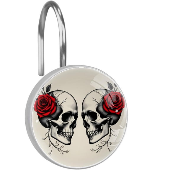 Red Rose Dead Sugar Skull Shower Curtain Hooks Round Crystal Glass, Set of 12 Shower Curtain Rings - Shower Hooks for Curtain Shower Rings