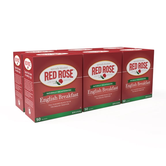 Red Rose Decaffeinated English Breakfast Tea Specially Blended Robust Black Tea with 50 Individually Wrapped Tea Bags Per Box (6pk) Brew Hot Full Flavored Decaf Black Tea in the English Tradition