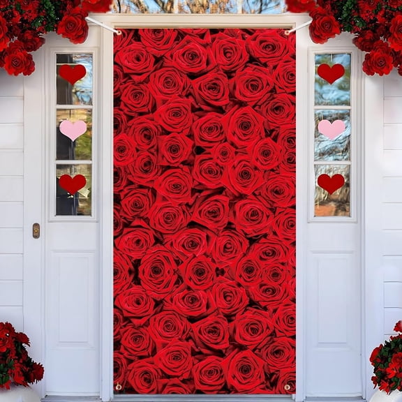 Red Rose Decorations Door Cover Banner Happy Valentine''s Day Background for Engagement Wedding Bridal Shower Birthday Flowers Wall Photo Backdrop Indoor Outdoor Party Supplies