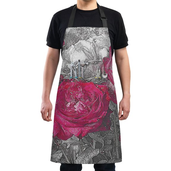 Red Rose Design Chef Kitchen Apron with Pockets for Women Waterproof Aprons for Cooking Baking