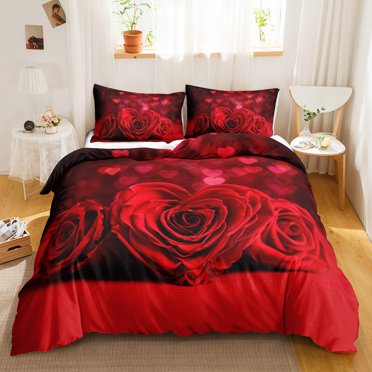 Red Rose Duvet Cover Set King/ Size Soft Luxury Abstract Floral Modern Bright Red Romantic 3pcs Polyester Comforter Cover
