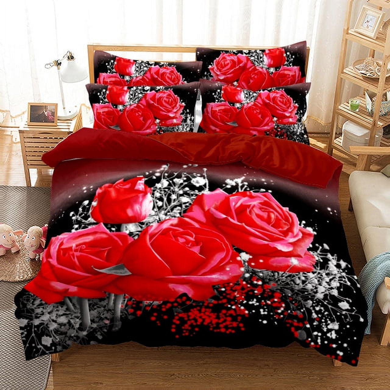 Red Rose Duvet Cover Set Romantic Rose Floral Bedding Set For Women