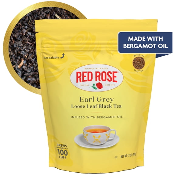 Red Rose Earl Grey Loose Leaf Black Tea Strong, Full-Bodied Aromatic Flavorful Premium Blend Of Black Tea with Real Bergamot Oil Caffeinated Enjoy Hot or Iced, 12 Oz