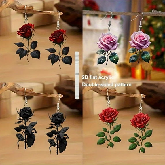 Red Rose Earrings Set 4 Pairs Black and Pink Victorian Vintage Style Romantic Jewelry for Valentine's Day