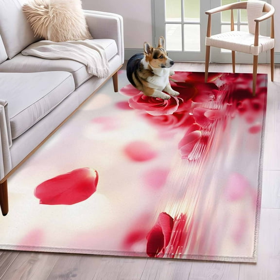 Red Rose Fantasy Area Rug 4x6 Washable Rug Non Slip Elegance Floral Romantic Reflection Large Area Rug Indoor Floor Carpet for Entryway Bedroom Kitchen Living Room Home Office Dining Room Nursery