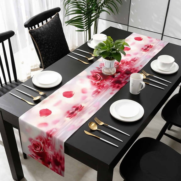 Red Rose Fantasy Cotton Linen Table Runner 16 x 72 inch Elegance Floral Romantic Reflection Non-slip Rectangular Dining Table Decor for Wedding Party Holiday Dinner
