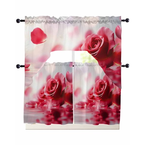Red Rose Fantasy Kitchen Curtains Swag Valance and Tier Curtains Set 24 Inch Length, Elegance Floral Romantic Reflection Rod Pocket Drape Panels Pair Swag Curtain for Bathroom/Cafe/Window
