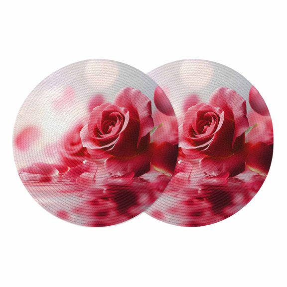 Red Rose Fantasy Round Placemats Set of 2 Elegance Floral Romantic Reflection Place Mats Indoor Woven Table Mats Washable Heat-Resistance Braided Dining Table Placemats for Kitchen Party 13 Inch