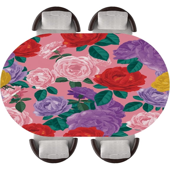 Red Rose Fitted Oval Table Cover, Waterproof Band Elastic Edge Design Tablecloth Cover, Dining Table Protector, Fits 48"x68" Oval Tables, Style 96