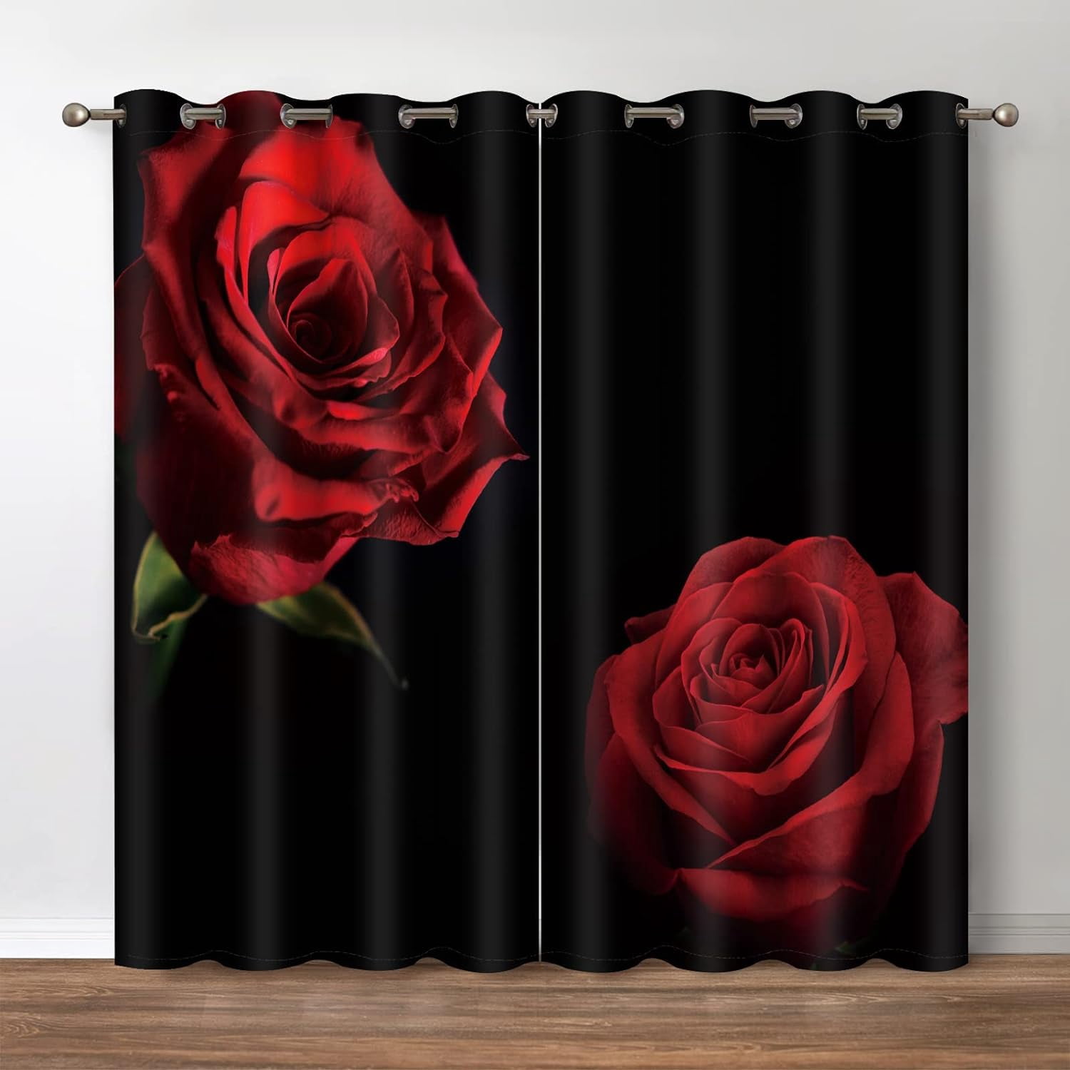 Red Rose Floral Blackout Curtains - Romantic Black Red Roses Flower Theme Print Curtain for Girls Women Bedroom Living Room Home Decor Grommet Window Drapes 2 Panel Set, 42" x 54"