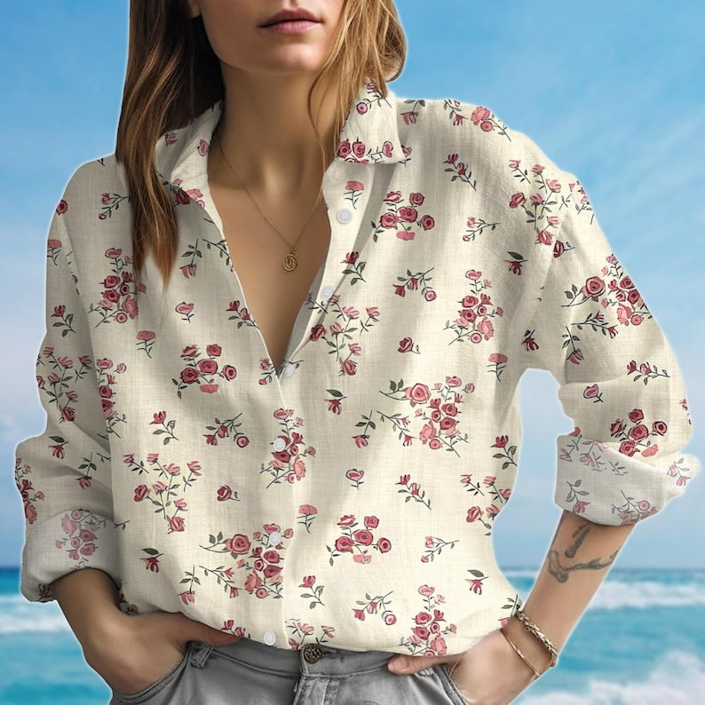 Red Rose Floral Blouse Women's Casual Shirt, Vintage Button Down Shirt ...