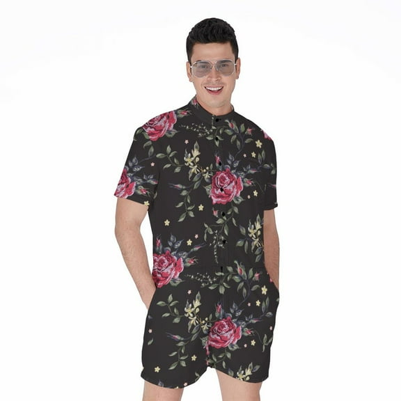 Red Rose Floral Pattern Short Sleeve Men'S Rompers Casual Summer Jumpsuits Outfit