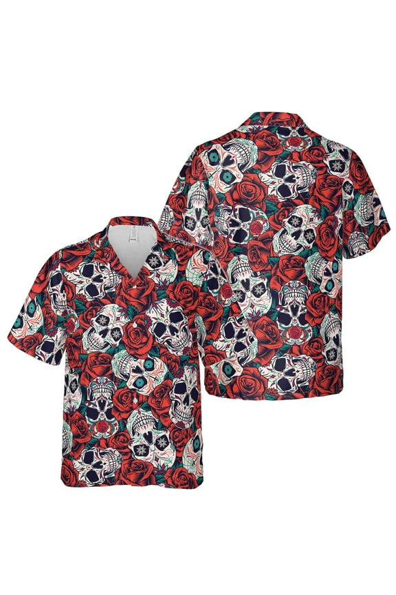 Red Rose Floral Skull Tattoo Aloha Hawaiian Shirt Size S-5XL