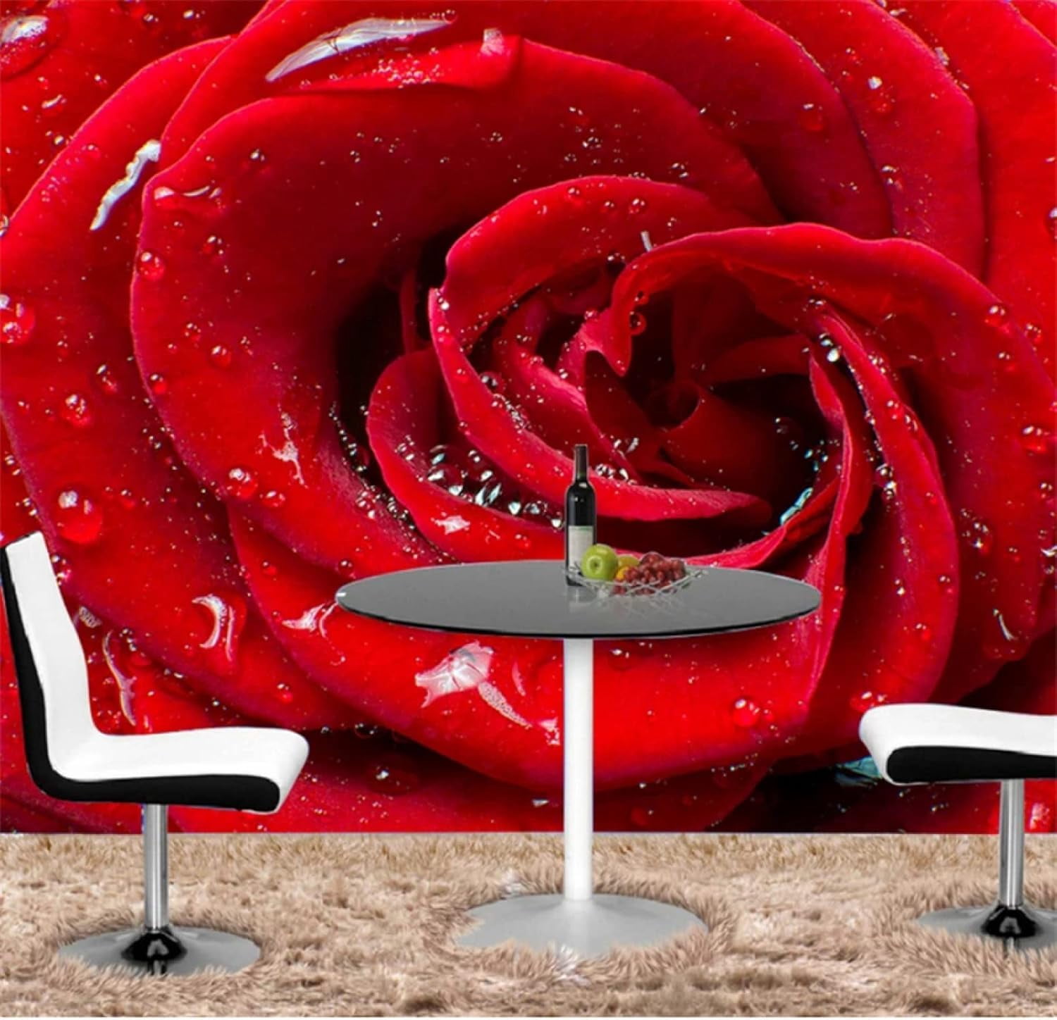 Red Rose Flower 3D Mural Wallpaper, Water Drops Flower Photo Mural ...