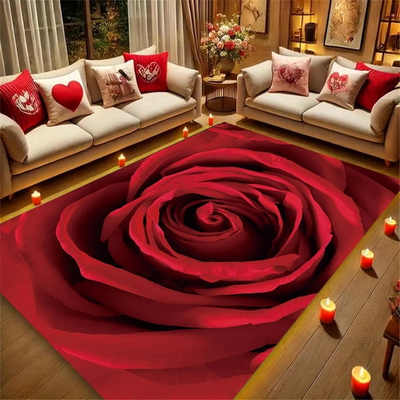 Red Rose Flower Area Rug,3x5ft,Rose Floral Living Room Washable Carpet, 3D Printed Non-Slip Red Rose Carpet for Living Room Bedroom Girls Women Romantic Valentine''s Day Gift