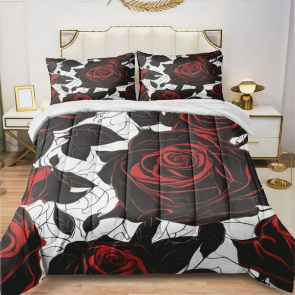 Red Rose Flower Black Comforter Set With 2 Pillowcases，3 Pcs Bedding For Adults Comforter Set For Bedroom Bed Decor Twin Size