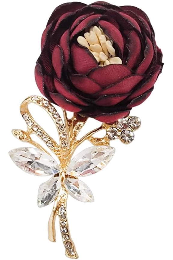 Red Rose Flower Brooch for Women Rhinestone Crystal Camellia Lapel Pin Cubic Zirconia Bridal Handmade Jewelry Wedding Bouquet Boutonniere Banquet Party Ceremony Collar Accessory for Valentine Mother