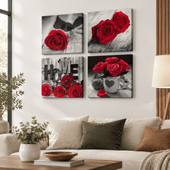 Live Art Roses Red Rose Flower Canvas Wall Art 16x16in Romantic Floriculture Decor for ...